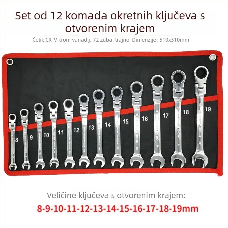 12-dijelni set ključeva s pomičnom glavom, kromirani završni premaz, krom-vanadij čelik, 72-zubi mehanizam