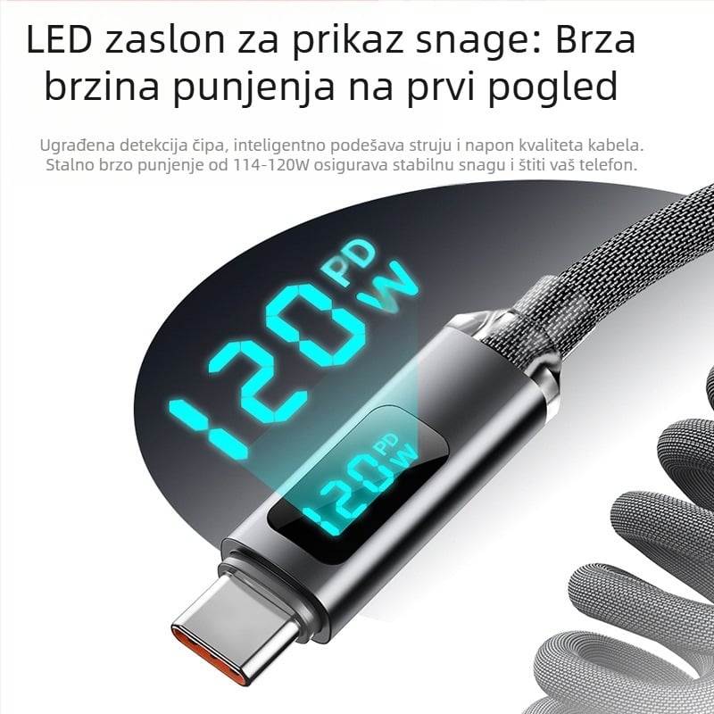 USB-C kabel za brzo punjenje s digitalnim zaslonom, Type-C sučelje, 120W, pleteni kabel, jedan Type-C konektor