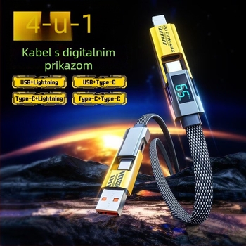 Četverostruki podatkovni kabel s digitalnim zaslonom za iPhone i Huawei Mate70, Lightning i USB-C, 100W PD brzo punjenje, cinkov spoj
