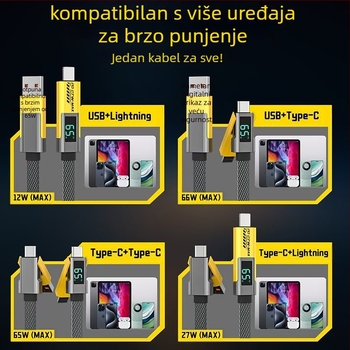 Četverostruki podatkovni kabel s digitalnim zaslonom za iPhone i Huawei Mate70, Lightning i USB-C, 100W PD brzo punjenje, cinkov spoj