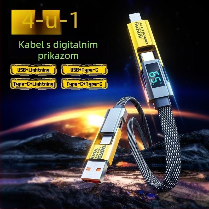 Četverostruki podatkovni kabel s digitalnim zaslonom za iPhone i Huawei Mate70, Lightning i USB-C, 100W PD brzo punjenje, cinkov spoj
