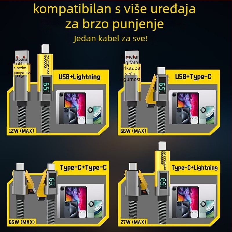 Četverostruki podatkovni kabel s digitalnim zaslonom za iPhone i Huawei Mate70, Lightning i USB-C, 100W PD brzo punjenje, cinkov spoj