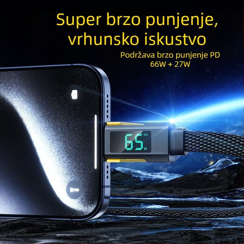 Četverostruki podatkovni kabel s digitalnim zaslonom za iPhone i Huawei Mate70, Lightning i USB-C, 100W PD brzo punjenje, cinkov spoj