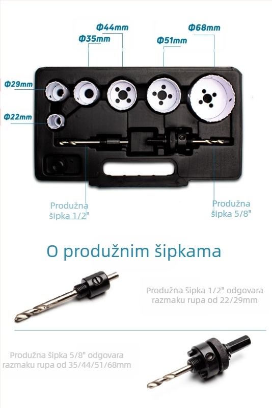 Bi-metalski set bušilica za probijanje rupa za nehrđajući čelik, metalne ploče, aluminijsku leguru, drvo i PVC cijevi