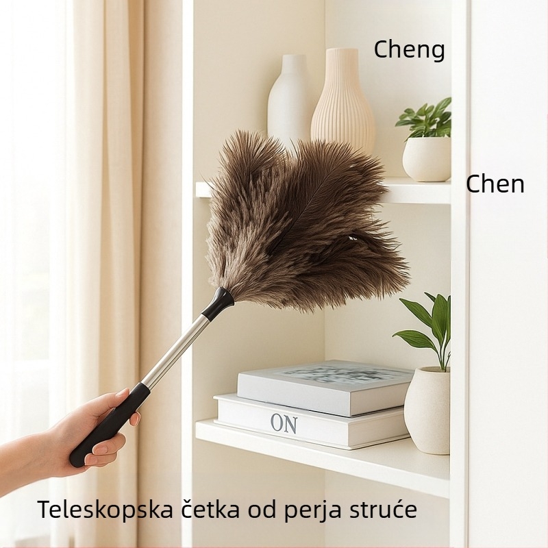 Četka za prašinu s perju strutsa, plosna glava, teleskopska cijev od nehrđajućeg čelika i drvena drška