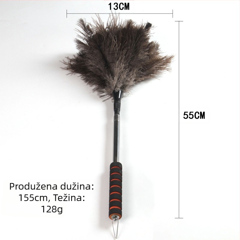 Četka za prašinu s perju strutsa, plosna glava, teleskopska cijev od nehrđajućeg čelika i drvena drška
