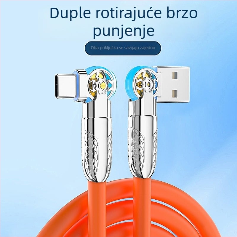 Kabel s LED svjetlom i rotirajućim zglobom – više sučelja Type-C / Lightning / Micro USB; silikon; brzo punjenje; maksimalna snaga 120