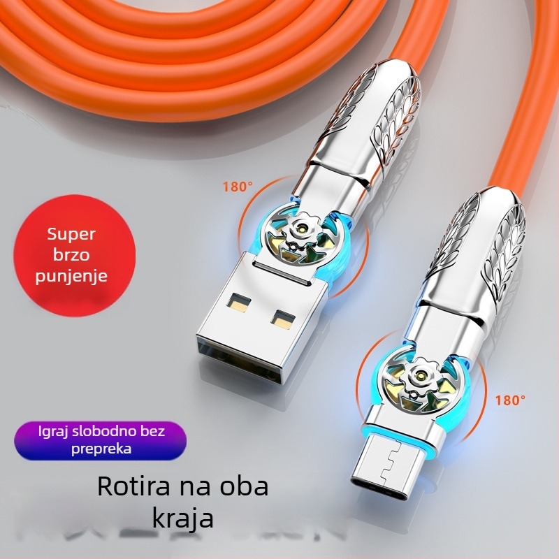 Kabel s LED svjetlom i rotirajućim zglobom – više sučelja Type-C / Lightning / Micro USB; silikon; brzo punjenje; maksimalna snaga 120