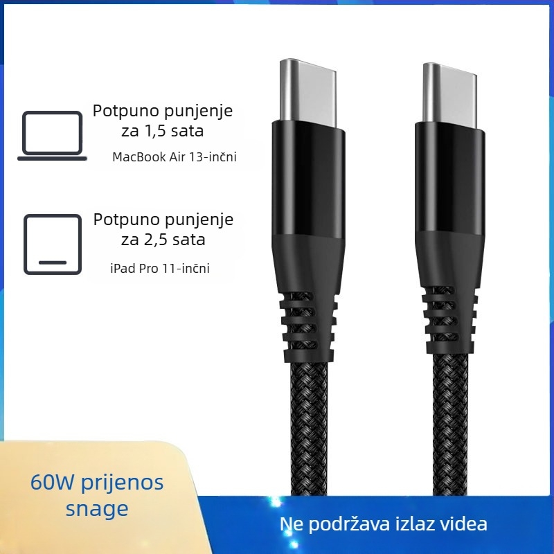 Type-C kabel s najlonskim pletenim za brzo punjenje, 60W, za tablete, računala i mobilne telefone