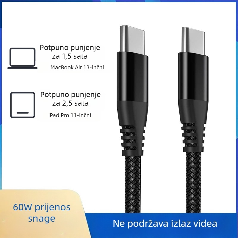 Type-C kabel s najlonskim pletenim za brzo punjenje, 60W, za tablete, računala i mobilne telefone