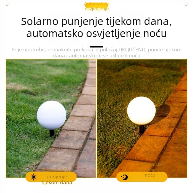 Solarna sfera svjetiljka za vanjsku upotrebu – LED, 5W, trajanje rada 6–12 sati, otporna na kišu, ručni prekidač