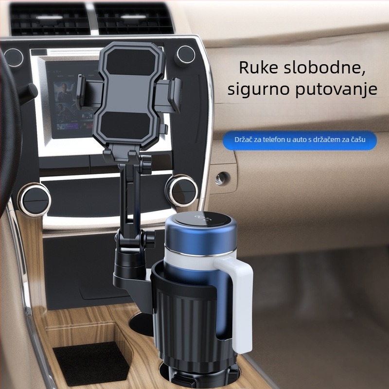 Držač za telefon u automobilu s držačem za čašu, sklopni dvostruki rameni za navigaciju
