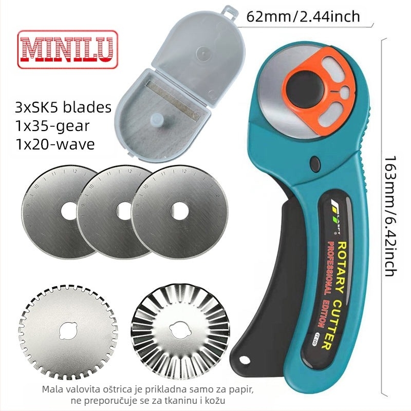 FT-145 45 mm rotacijski nož za tepihe, karbonska čelična oštrica, automatsko uvlačenje oštrice, zamjena oštrice gumbom, 45x8mm
