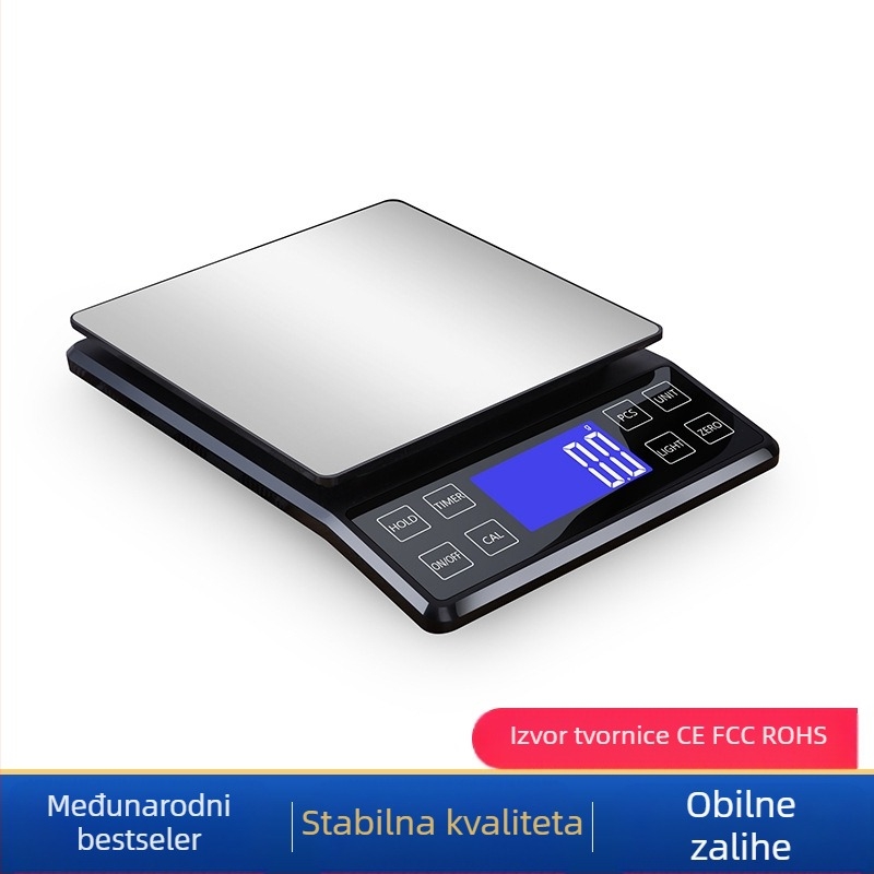 Digitalna kuhinjska vaga od nehrđajućeg čelika, kapacitet 10 kg, model DH-307, elektronička, USB napajanje i 2x AAA baterije, višenamjenska.
