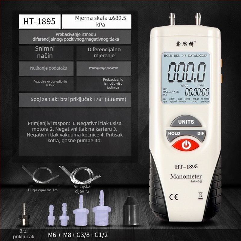 Xinsite HT-1890 Diferencijalni tlakometar, digitalni mikrodiferencijalni mjerač, za auto popravak, vakuumski mjerač