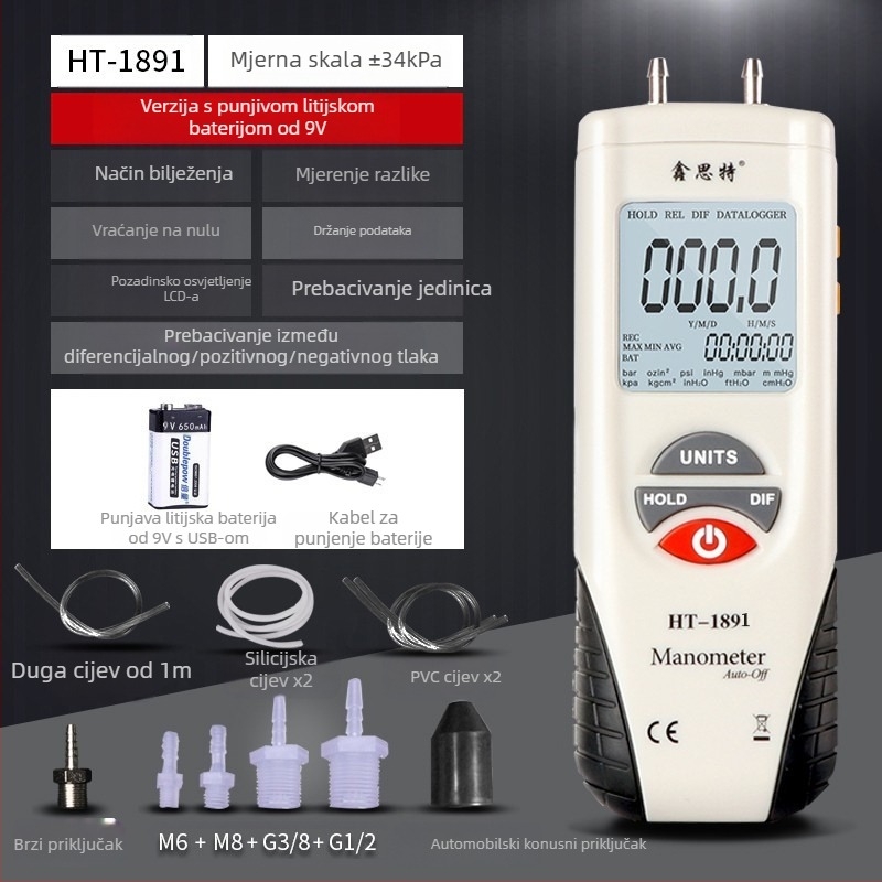 Xinsite HT-1890 Diferencijalni tlakometar, digitalni mikrodiferencijalni mjerač, za auto popravak, vakuumski mjerač