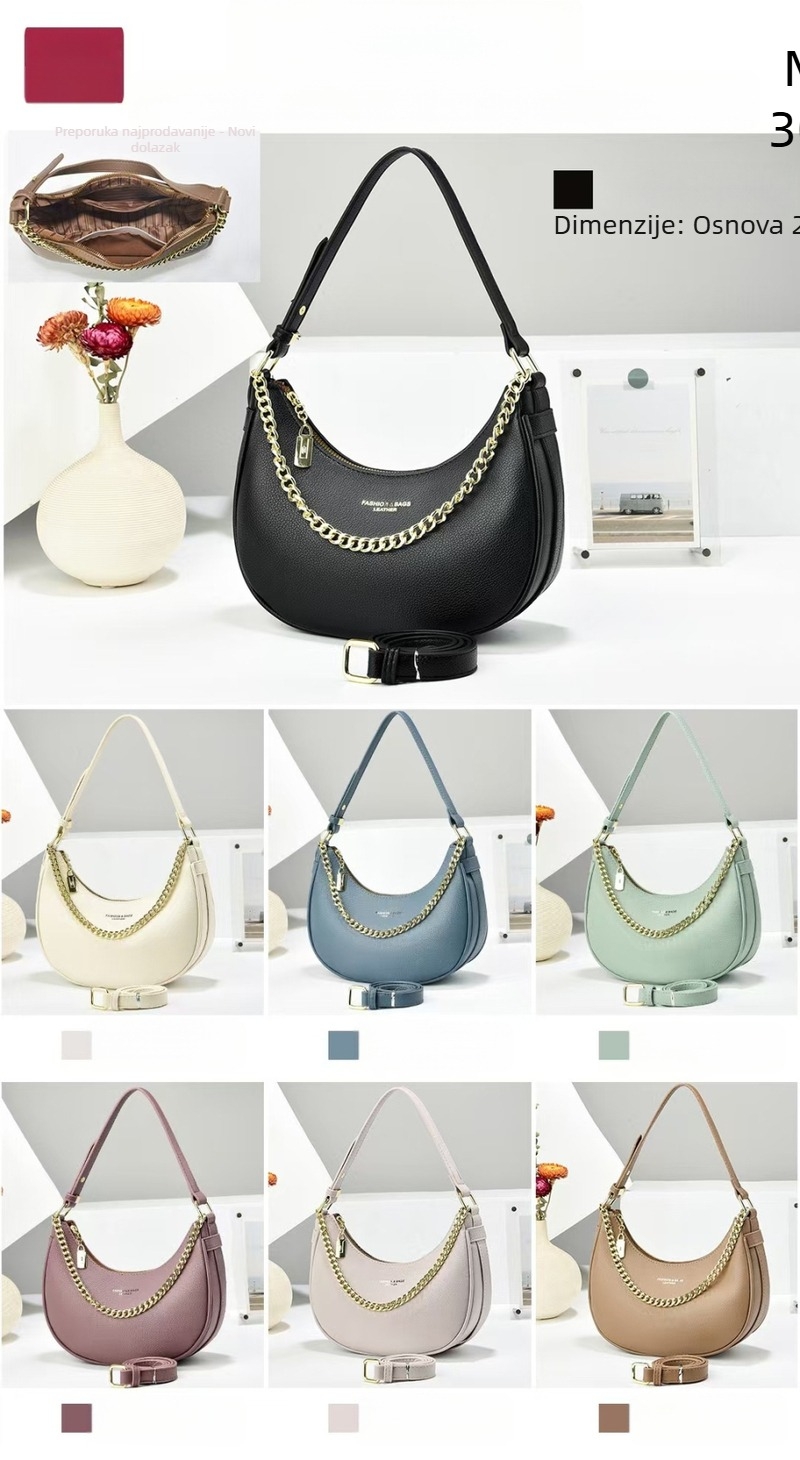 Ženska torbica preko ramena s lancem, urbani jednostavni stil, PU materijal, oblik crescent, zatvaranje zatvaračem, unutarnji džep za telefon i laminirani džep na zatvarač