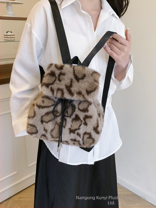 Qing nuo ranac od pliša s leopard uzorkom, gradski stil, zatvaranje šnuralima, podstava od sintetičke kože, džep za mobitel, mekana 3D silueta, jesen 2024