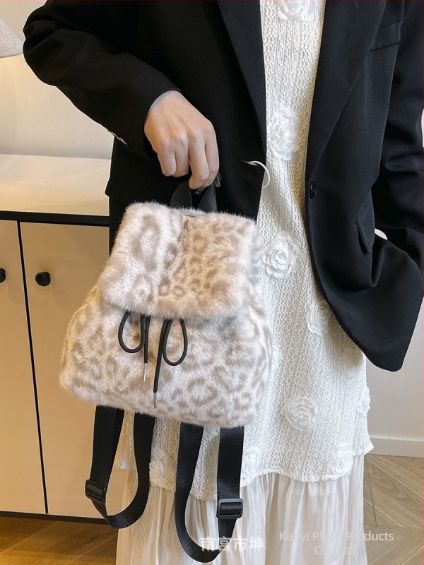 Qing nuo ranac od pliša s leopard uzorkom, gradski stil, zatvaranje šnuralima, podstava od sintetičke kože, džep za mobitel, mekana 3D silueta, jesen 2024