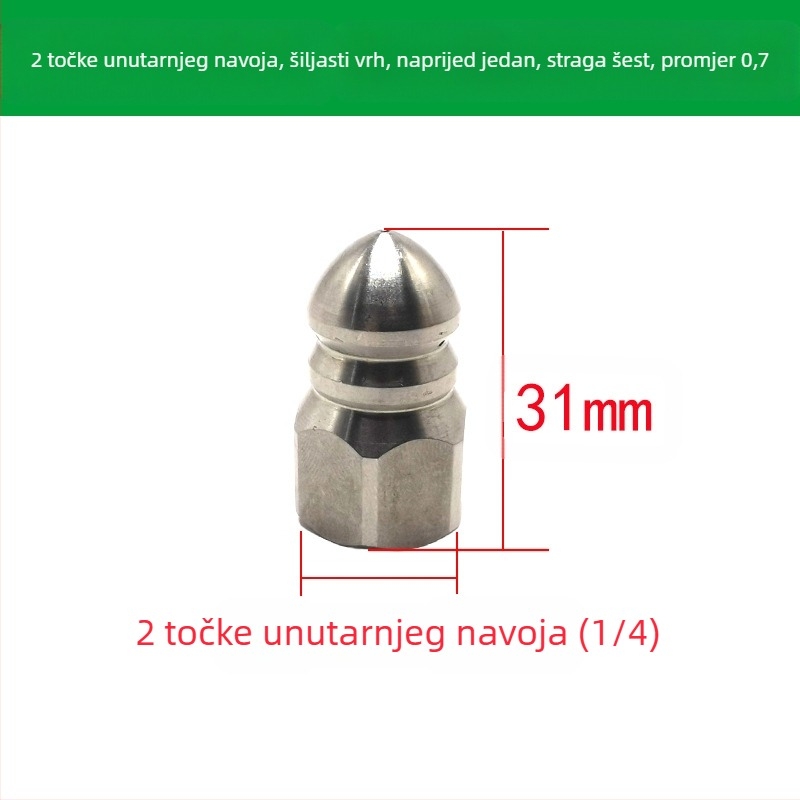 Mlaznica za čišćenje kanalizacijskih cijevi od nehrđajućeg čelika s unutarnjim navojem, šest otvora, oštra glava za ispiranje