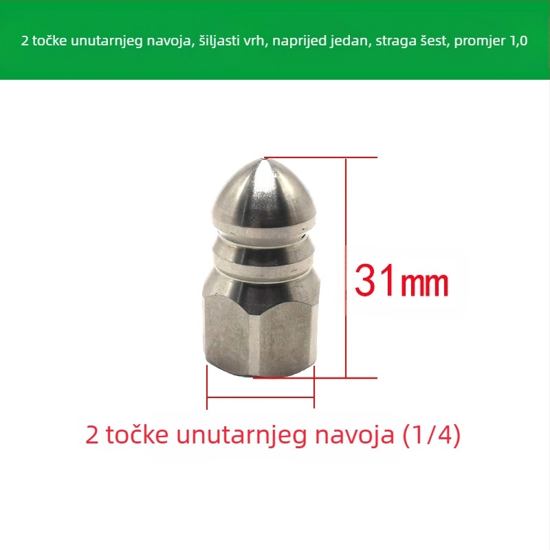 Mlaznica za čišćenje kanalizacijskih cijevi od nehrđajućeg čelika s unutarnjim navojem, šest otvora, oštra glava za ispiranje