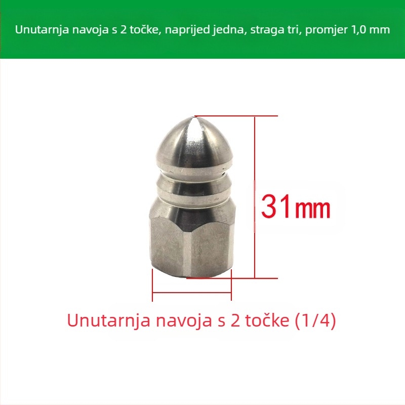 Mlaznica za čišćenje kanalizacijskih cijevi od nehrđajućeg čelika s unutarnjim navojem, šest otvora, oštra glava za ispiranje