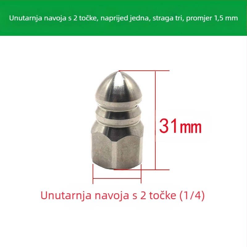 Mlaznica za čišćenje kanalizacijskih cijevi od nehrđajućeg čelika s unutarnjim navojem, šest otvora, oštra glava za ispiranje
