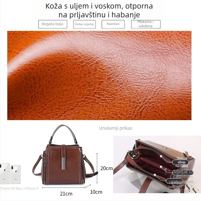 Kožna bucket torba s uljno-voskovim završetkom, zatvarač na zip, unutarnji džepovi: džep na zip, džep za mobitel, džep za ID