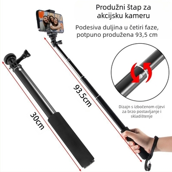 Selfie štap, 4-dijelni, aluminijska legura, ekscentricni cijevni produživač za kamere s 1/4" navojem, nosivost 2 kg