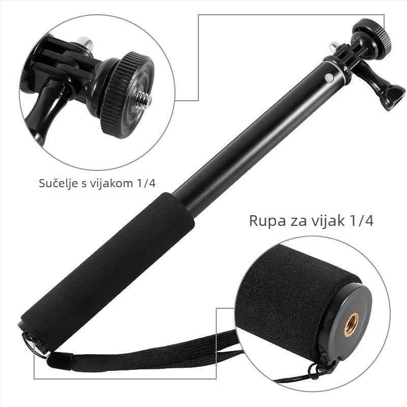 Selfie štap, 4-dijelni, aluminijska legura, ekscentricni cijevni produživač za kamere s 1/4" navojem, nosivost 2 kg