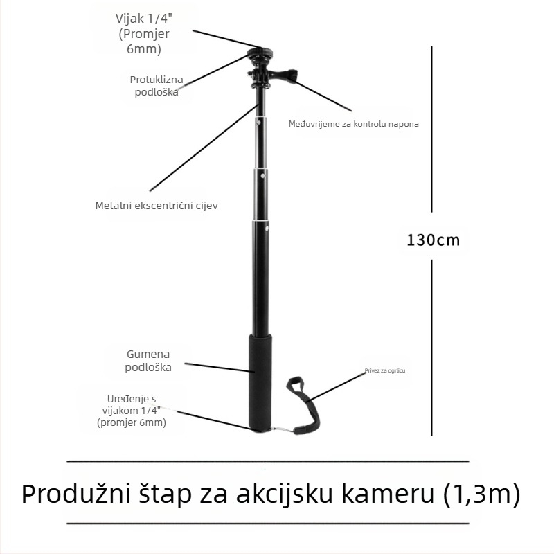Selfie štap, 4-dijelni, aluminijska legura, ekscentricni cijevni produživač za kamere s 1/4" navojem, nosivost 2 kg