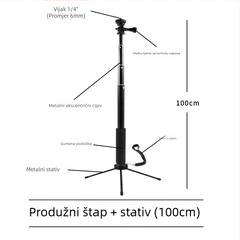 Selfie štap, 4-dijelni, aluminijska legura, ekscentricni cijevni produživač za kamere s 1/4" navojem, nosivost 2 kg