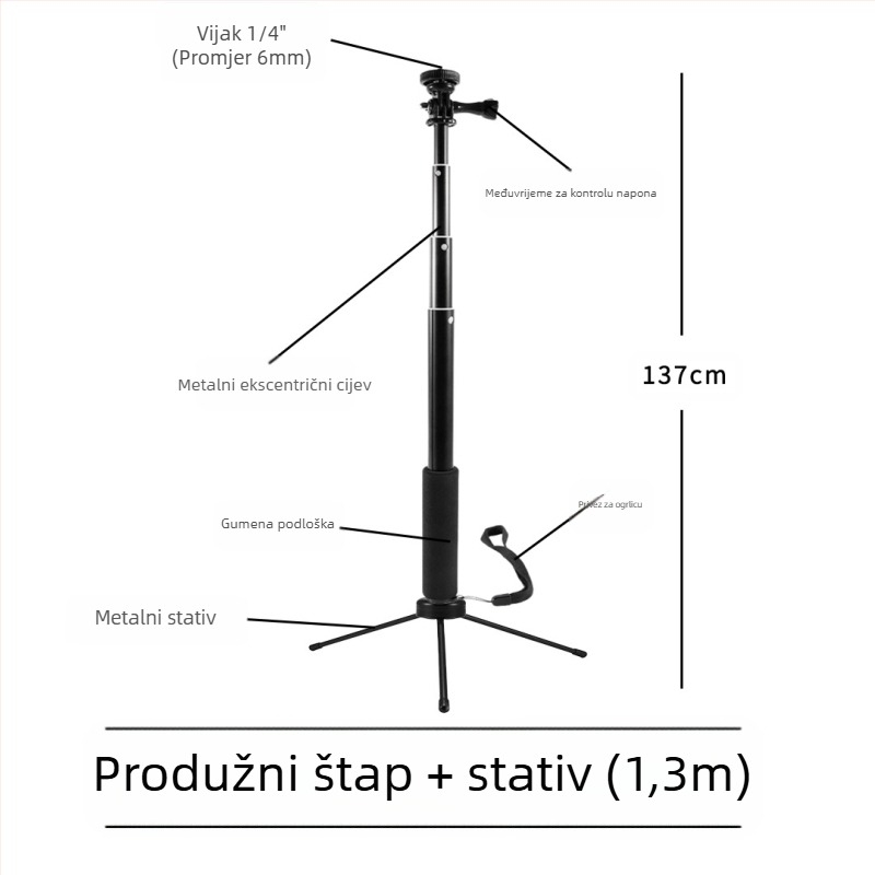 Selfie štap, 4-dijelni, aluminijska legura, ekscentricni cijevni produživač za kamere s 1/4" navojem, nosivost 2 kg
