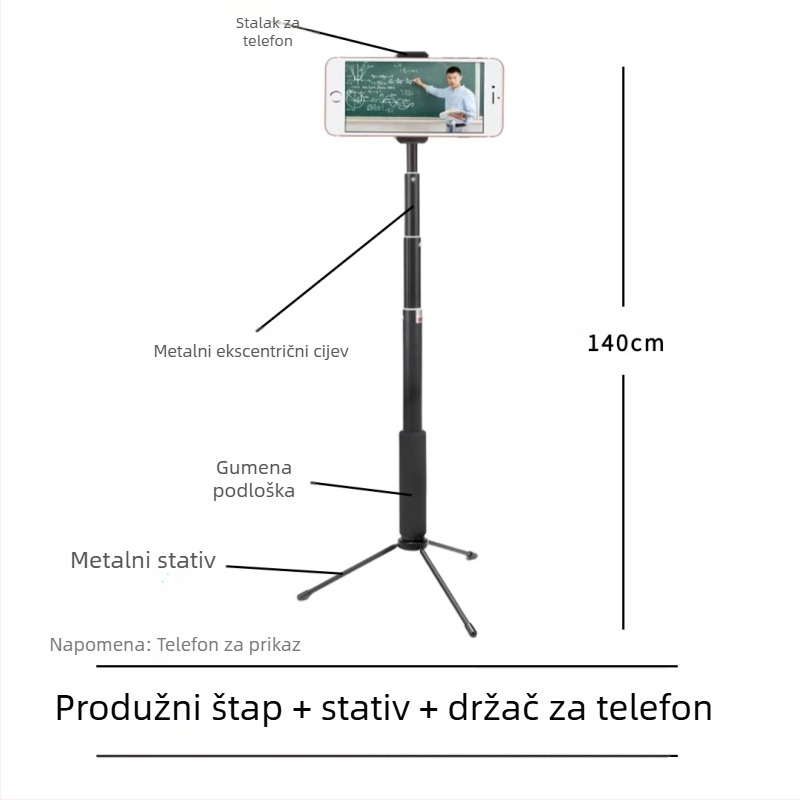 Selfie štap, 4-dijelni, aluminijska legura, ekscentricni cijevni produživač za kamere s 1/4" navojem, nosivost 2 kg