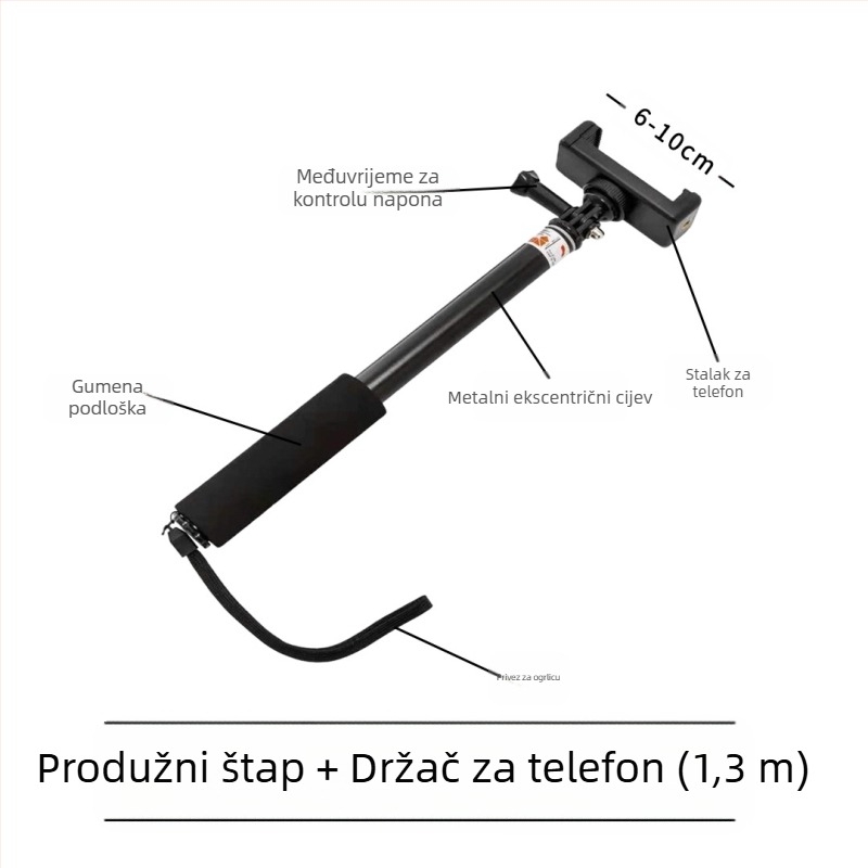 Selfie štap, 4-dijelni, aluminijska legura, ekscentricni cijevni produživač za kamere s 1/4" navojem, nosivost 2 kg