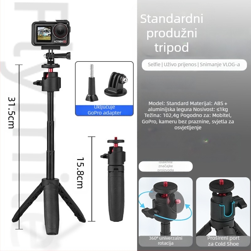 Držač/adapter za Action4/5 Pro – ručni selfie štapić i tripod za sportsku kameru, Pocket 3 proširenje, nosivost 1 kg, 3 sekcije