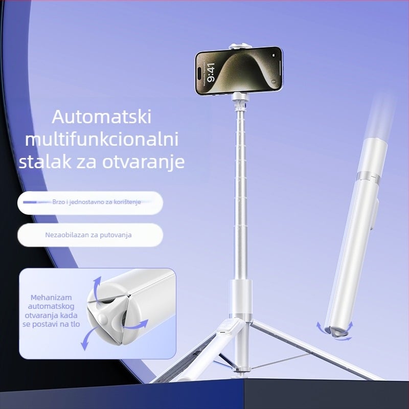 Bluetooth selfie štap s automatskim izlaženjem, aluminijski teleskopski držač za telefon, podni stativ za live streaming