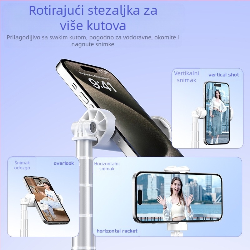 Bluetooth selfie štap s automatskim izlaženjem, aluminijski teleskopski držač za telefon, podni stativ za live streaming