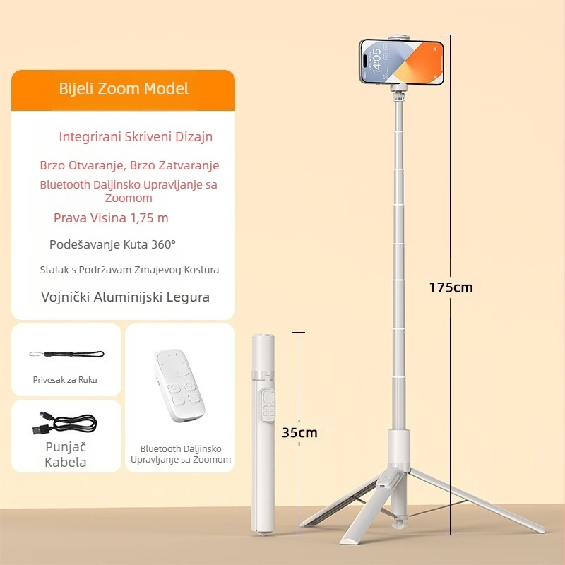 Bluetooth selfie štap s automatskim izlaženjem, aluminijski teleskopski držač za telefon, podni stativ za live streaming