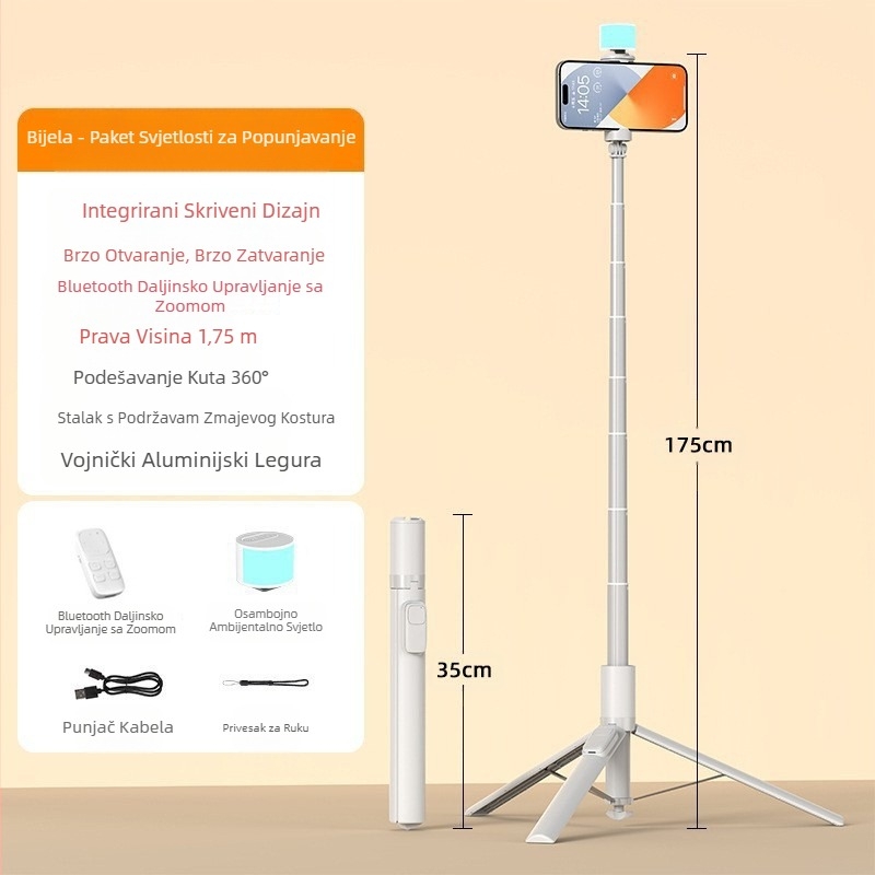 Bluetooth selfie štap s automatskim izlaženjem, aluminijski teleskopski držač za telefon, podni stativ za live streaming