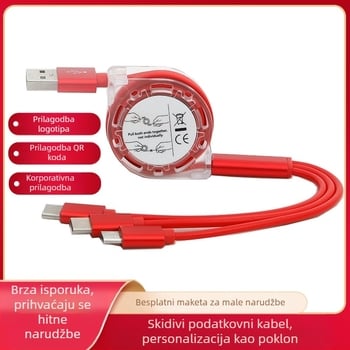 Troje-u-jednom produzni kabel za auto za punjenje s USB-C, Lightning, Micro USB i Mini USB sučeljima, 12W izlaz, prozirno TPE kućište