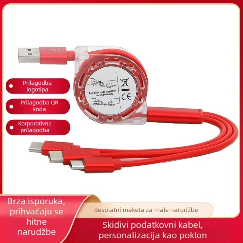 Troje-u-jednom produzni kabel za auto za punjenje s USB-C, Lightning, Micro USB i Mini USB sučeljima, 12W izlaz, prozirno TPE kućište