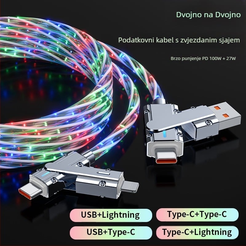 Kabel za podatke sa dizajnom zvjezdarnog neba, 100W brzo punjenje, dvostruka grana (dvije na dvije), Mini USB, Lightning i Type-C