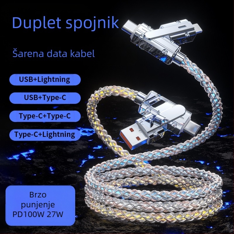 Kabel za podatke sa dizajnom zvjezdarnog neba, 100W brzo punjenje, dvostruka grana (dvije na dvije), Mini USB, Lightning i Type-C