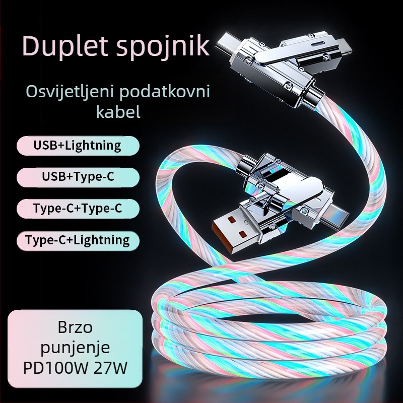 Kabel za podatke sa dizajnom zvjezdarnog neba, 100W brzo punjenje, dvostruka grana (dvije na dvije), Mini USB, Lightning i Type-C