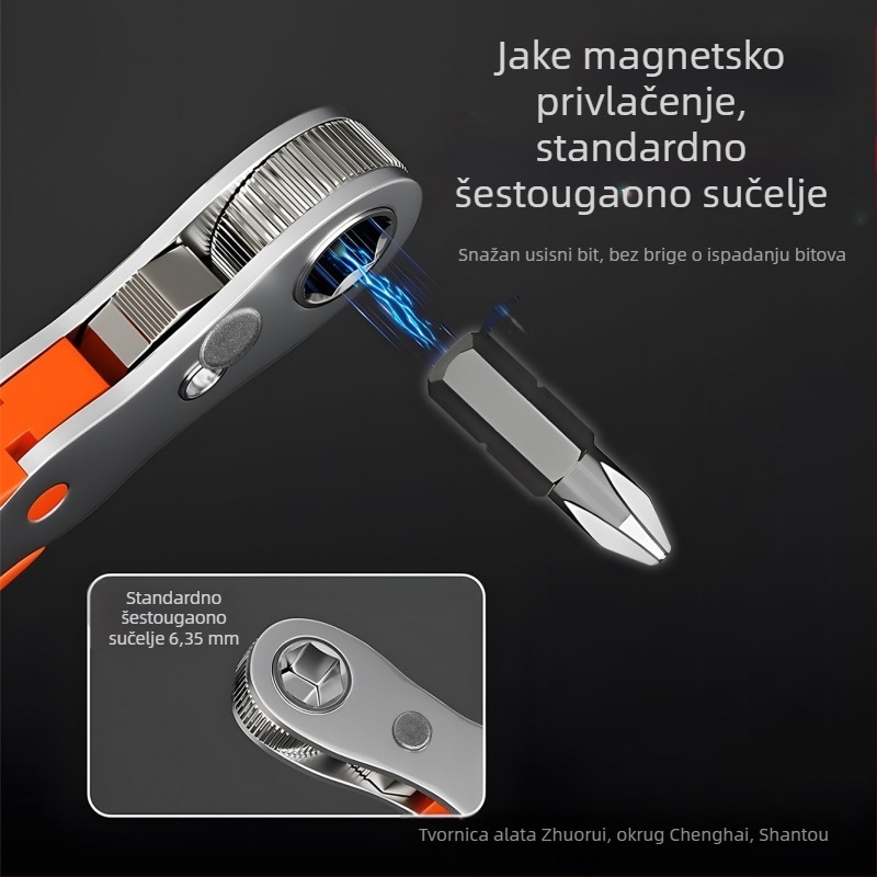 Set odvijača Eagle Shield s reverzibilnim racijskim mehanizmom, lakat ključem i pravokutnim bitovima — karbon čelik, težina 0,6 kg, Set: Da, Magnetno: Ne, Izolirano: Ne