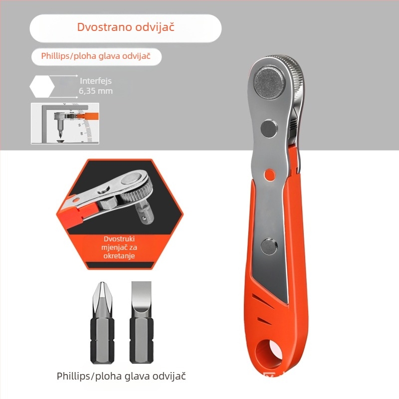 Set odvijača Eagle Shield s reverzibilnim racijskim mehanizmom, lakat ključem i pravokutnim bitovima — karbon čelik, težina 0,6 kg, Set: Da, Magnetno: Ne, Izolirano: Ne