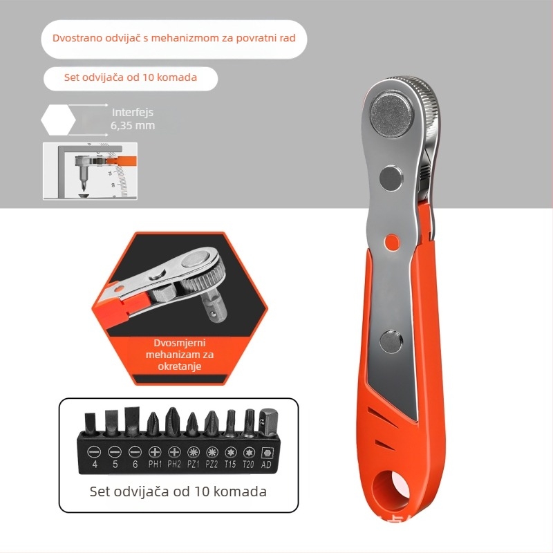 Set odvijača Eagle Shield s reverzibilnim racijskim mehanizmom, lakat ključem i pravokutnim bitovima — karbon čelik, težina 0,6 kg, Set: Da, Magnetno: Ne, Izolirano: Ne