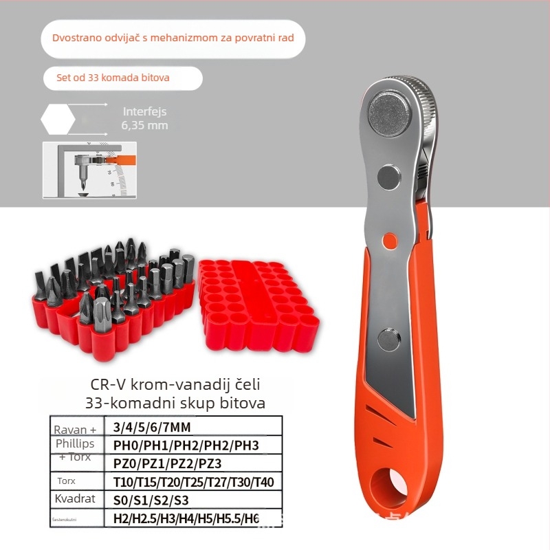 Set odvijača Eagle Shield s reverzibilnim racijskim mehanizmom, lakat ključem i pravokutnim bitovima — karbon čelik, težina 0,6 kg, Set: Da, Magnetno: Ne, Izolirano: Ne