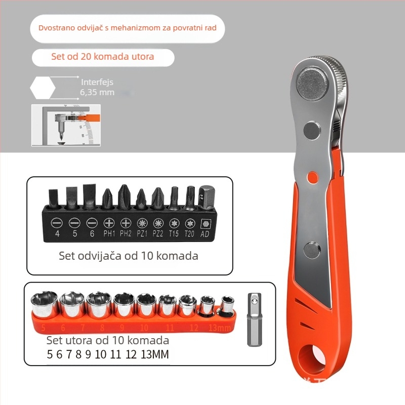 Set odvijača Eagle Shield s reverzibilnim racijskim mehanizmom, lakat ključem i pravokutnim bitovima — karbon čelik, težina 0,6 kg, Set: Da, Magnetno: Ne, Izolirano: Ne